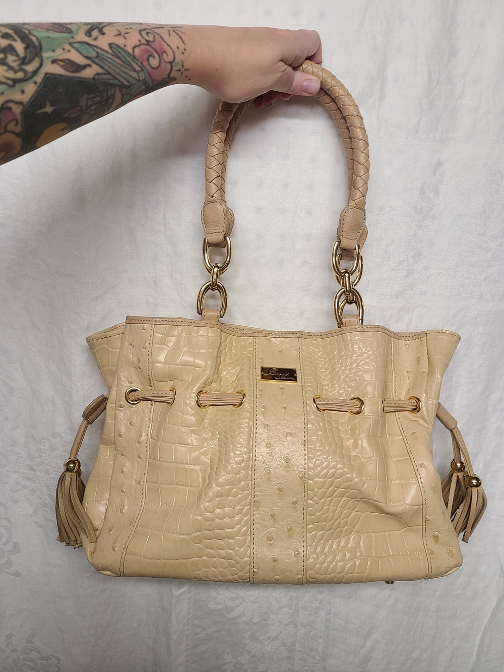 Isabella Adams Beige Croc-Embossed Purse with Braided Handles